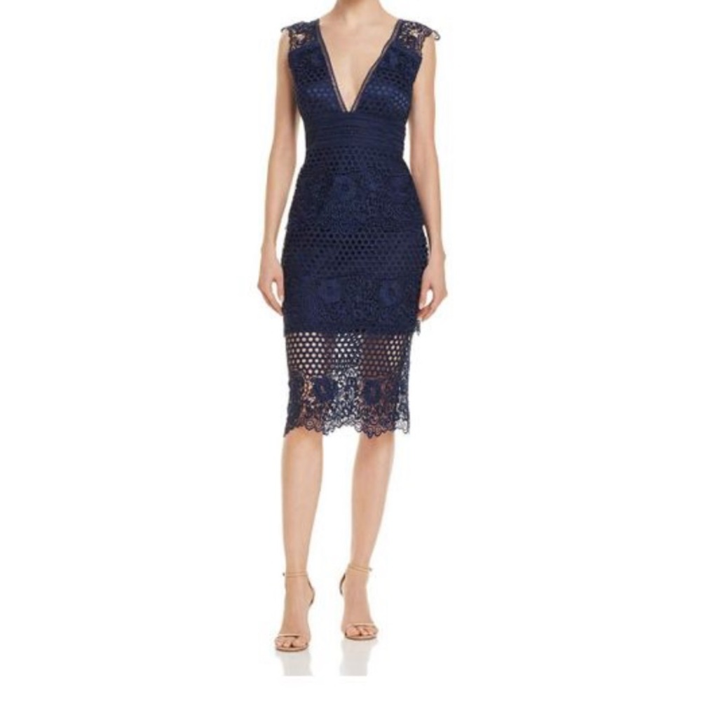 Navy blue crocheted laundry by shelli segal midi dress